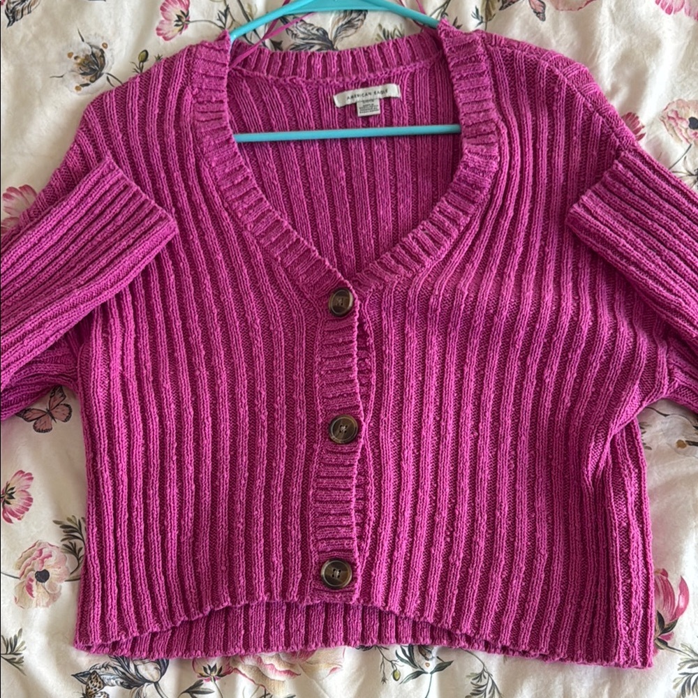 American Eagle Outfitters Pink Cardigan Sweater Ribbed Knit V-Neck